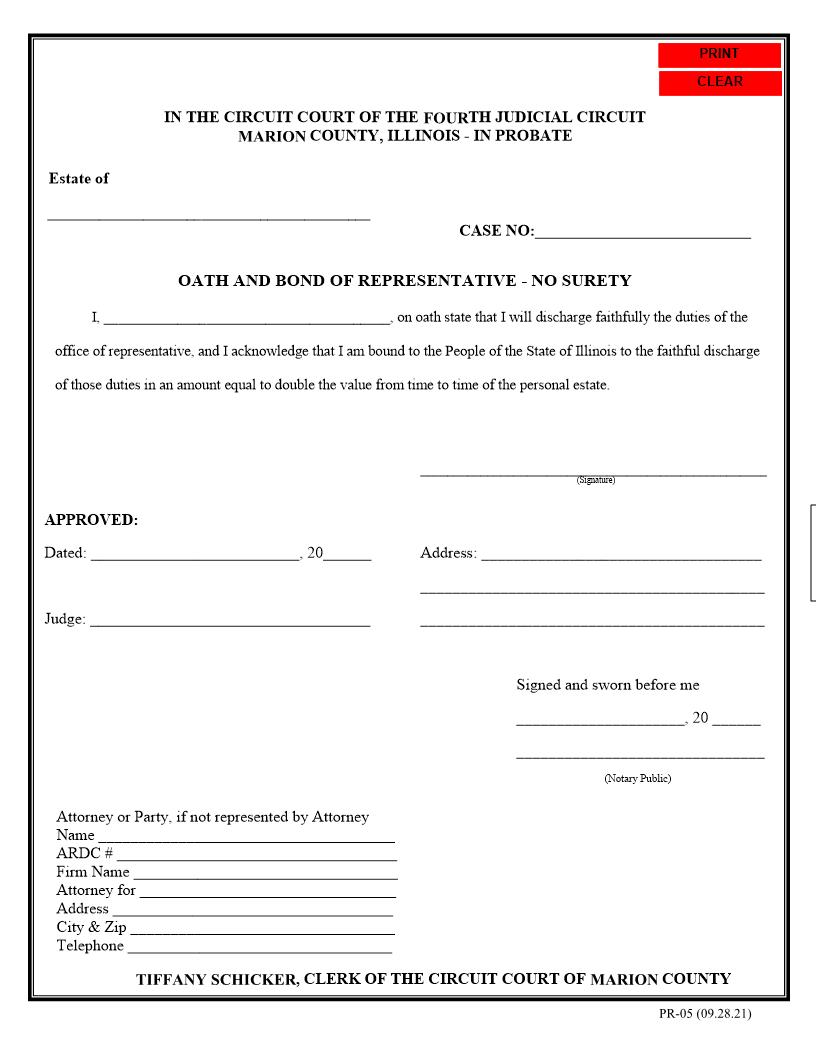Oath And Bond Of Representative - No Surety {PR-05] | Pdf Fpdf Docx | Illinois